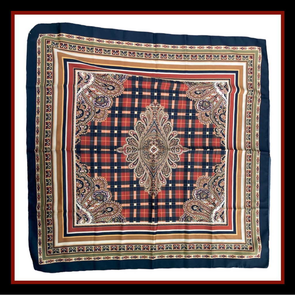 Vintage 80s 90s J. G. Hook 35” Square Scarf Polyester Paisley Check Navy Gold